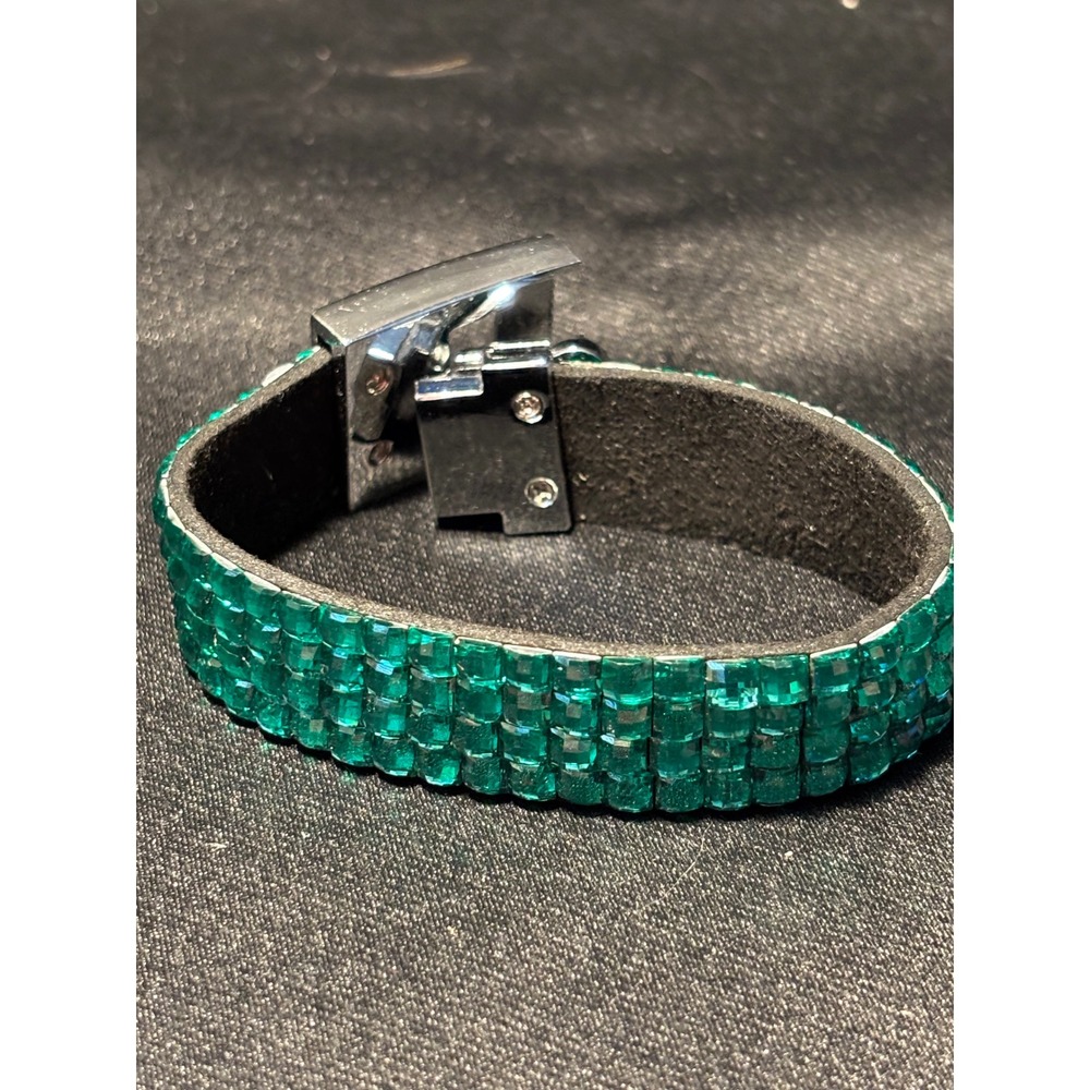 Emerald Green Rhinestone Cuff Bracelet Silver Heart Clasp 4-Row Crystal Sparkle
